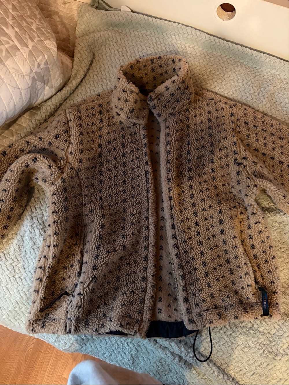 L.L. Bean Tan Teddy Fleece Jacket with Navy Dot Accent